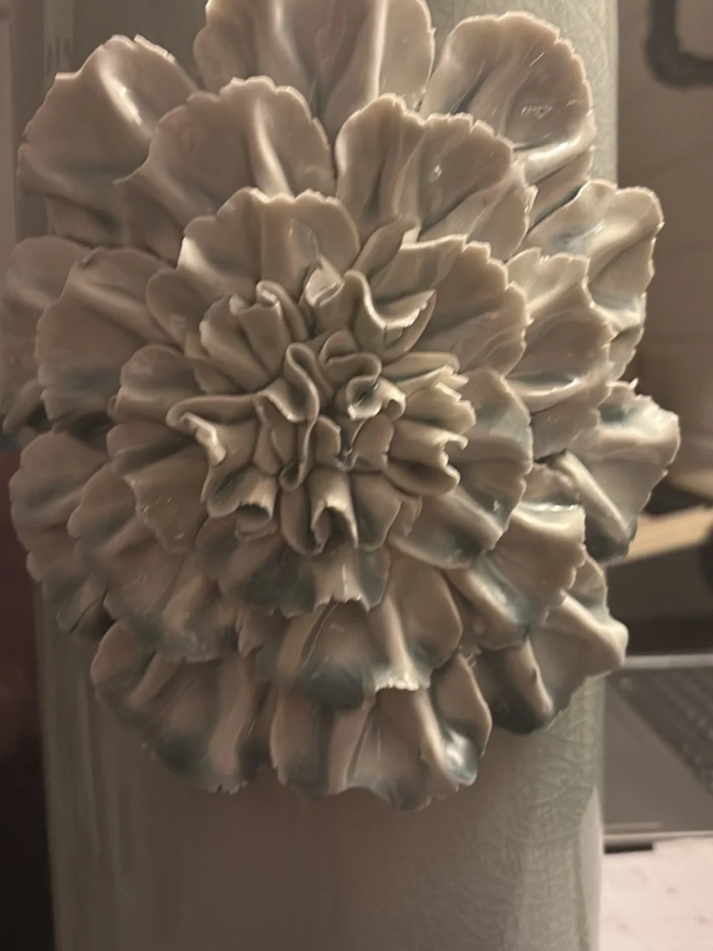 Decorative Ceramic Bottle Vase with Sculpted Flower crackle paint ,Pale Mint .